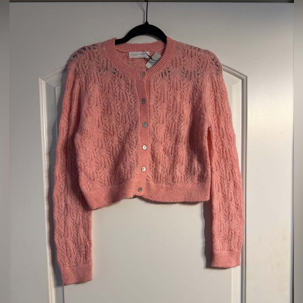 Primark Cardigan Women XS Pink New Pointelle Knit Cropped Button Front Sweater